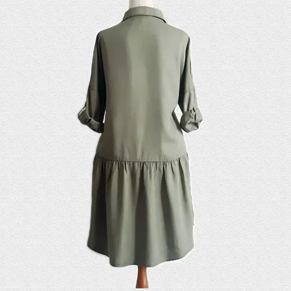 Zara Olive Green Denim Shirt Dress - Size M - Picture 2 of 7